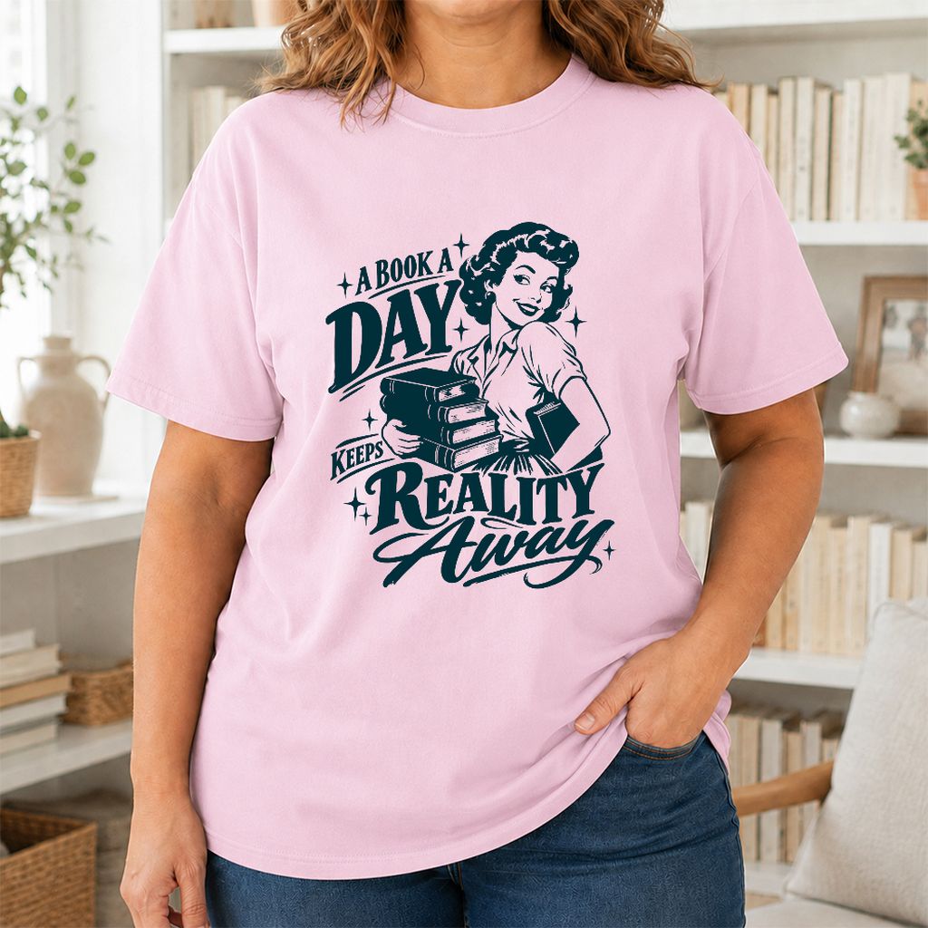 A Book A Day Keeps Reality Away Printed T-Shirt | Cozy Book Lover Gift Light Pink