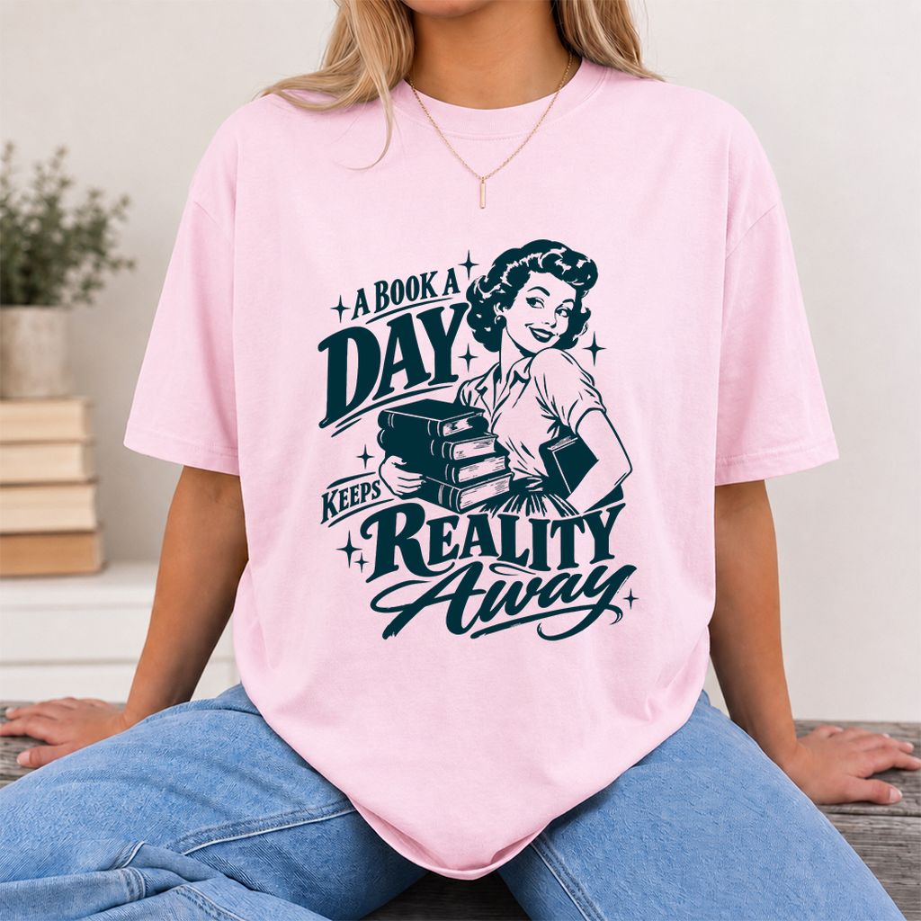 A Book A Day Keeps Reality Away Printed T-Shirt | Cozy Book Lover Gift Light Pink