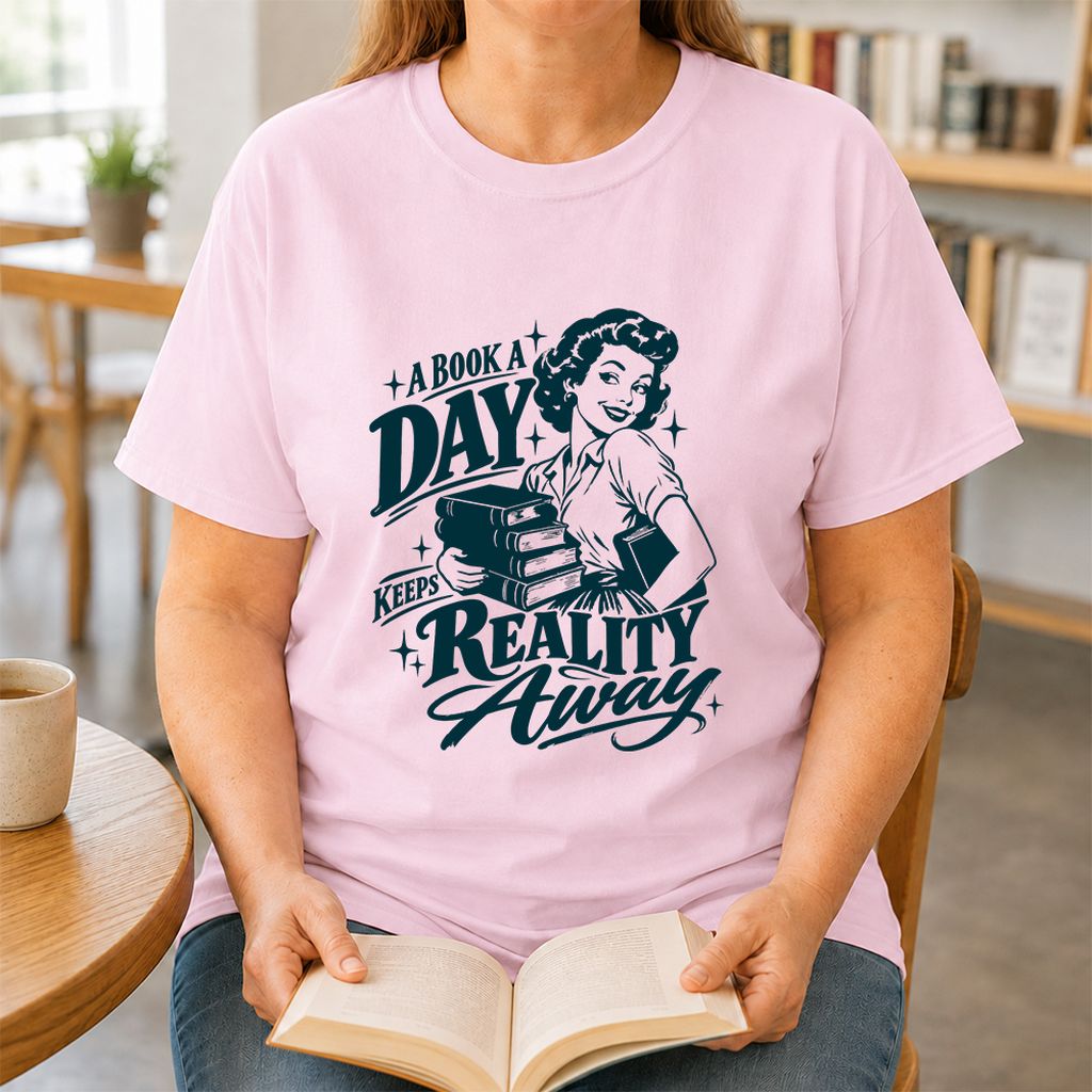 A Book A Day Keeps Reality Away Printed T-Shirt | Cozy Book Lover Gift Light Pink