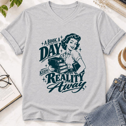 A Book A Day Keeps Reality Away Ultra-Soft V-Neck | Cozy Book Lover Gift Ash