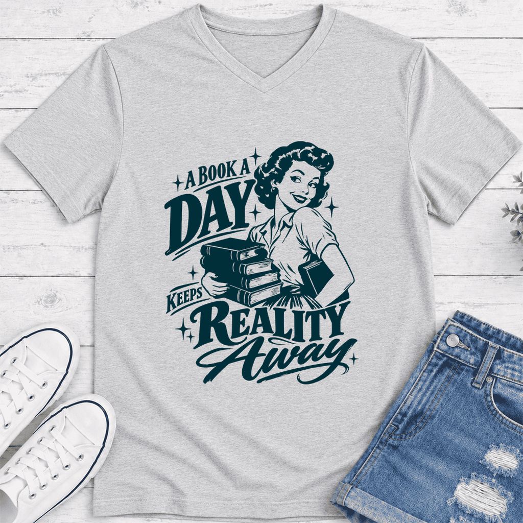 A Book A Day Keeps Reality Away Ultra-Soft V-Neck | Cozy Book Lover Gift Ash
