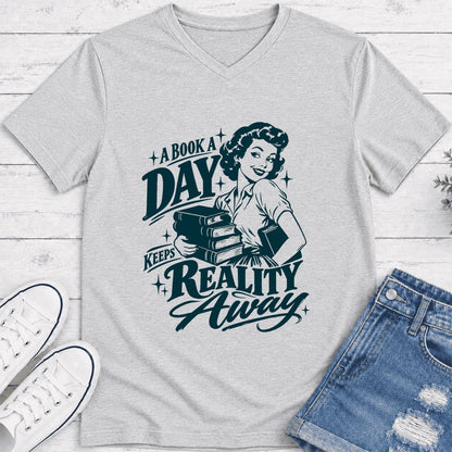 A Book A Day Keeps Reality Away Ultra-Soft V-Neck | Cozy Book Lover Gift Ash
