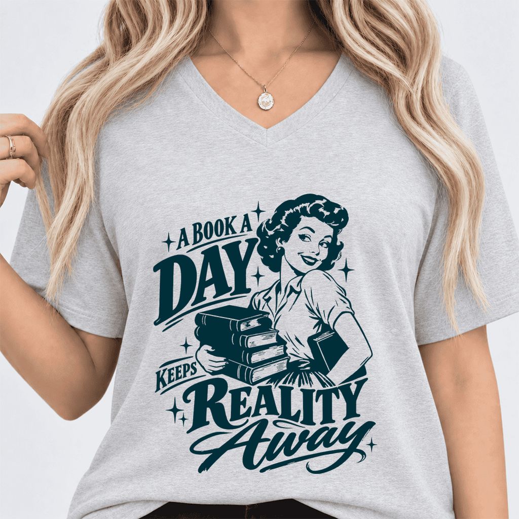 A Book A Day Keeps Reality Away Ultra-Soft V-Neck | Cozy Book Lover Gift Ash
