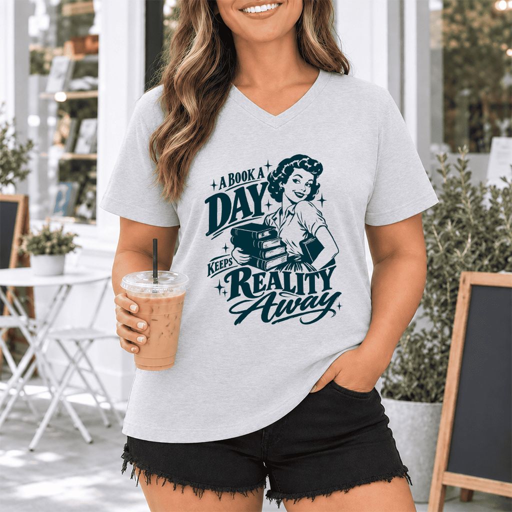 A Book A Day Keeps Reality Away Ultra-Soft V-Neck | Cozy Book Lover Gift Ash