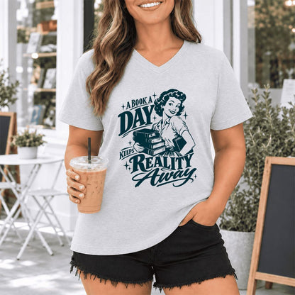A Book A Day Keeps Reality Away Ultra-Soft V-Neck | Cozy Book Lover Gift Ash