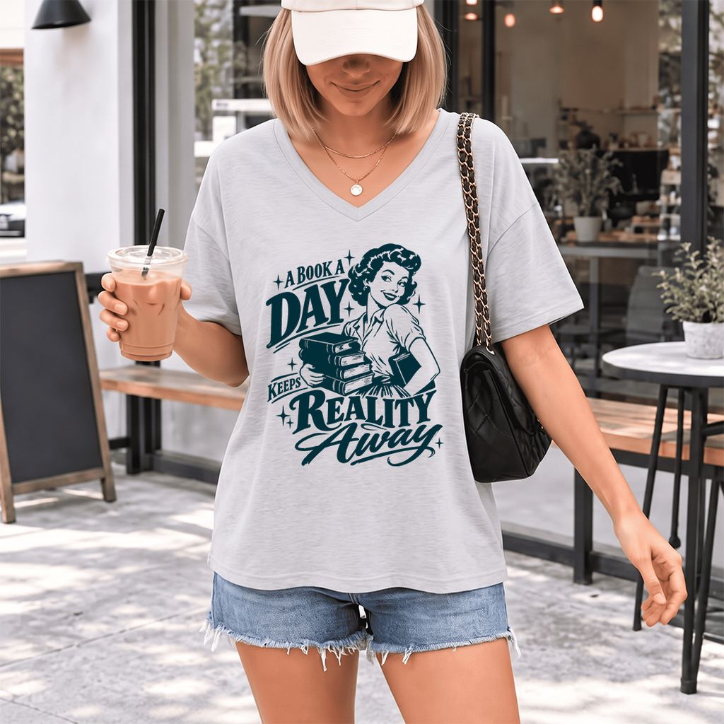 A Book A Day Keeps Reality Away Ultra-Soft V-Neck | Cozy Book Lover Gift Ash