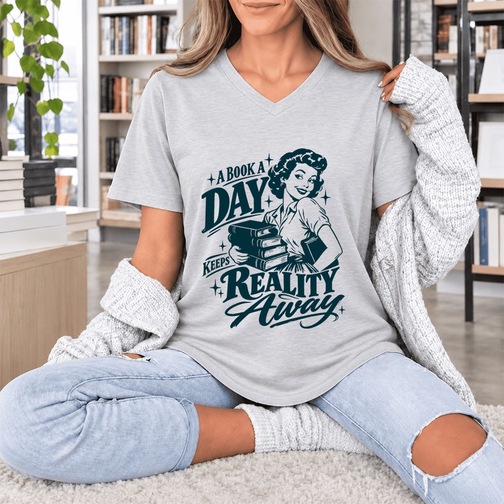 A Book A Day Keeps Reality Away Ultra-Soft V-Neck | Cozy Book Lover Gift Ash