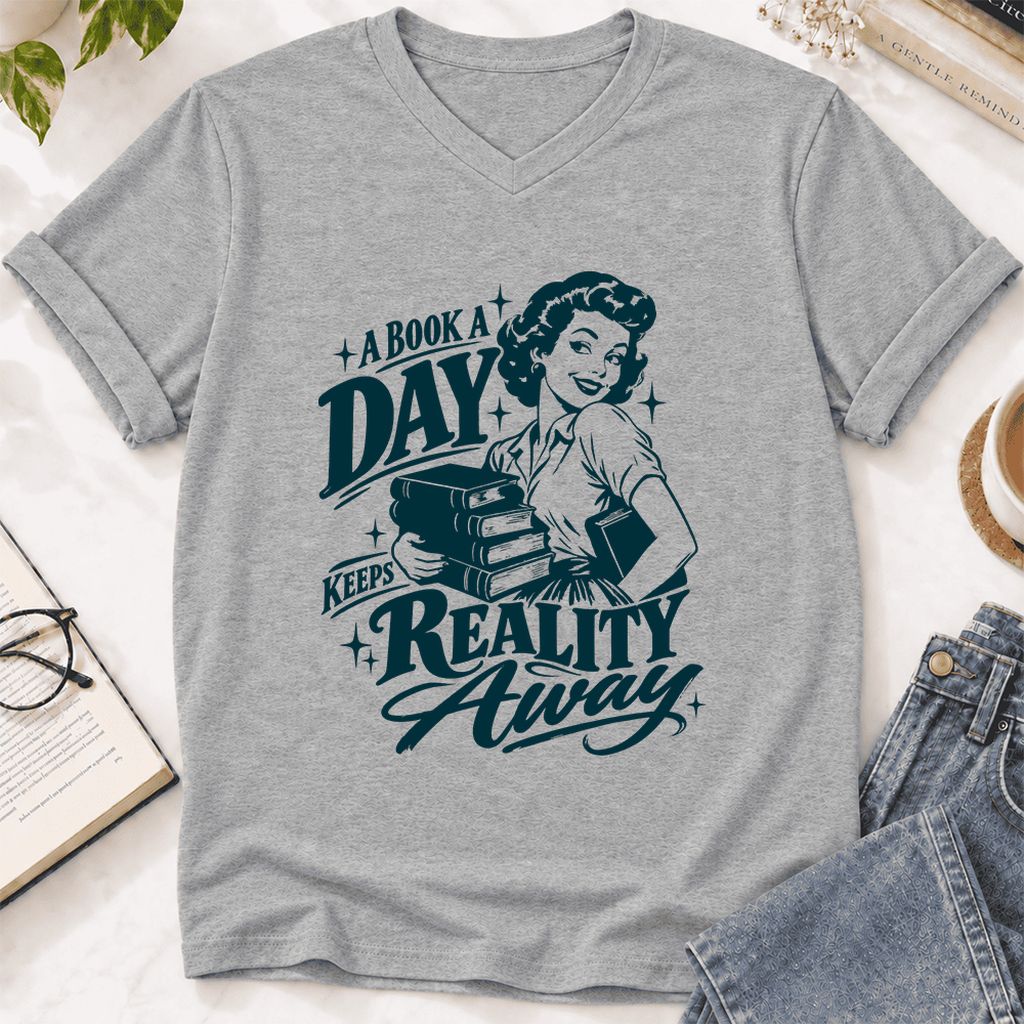 A Book A Day Keeps Reality Away Ultra-Soft V-Neck | Cozy Book Lover Gift Athletic Heather