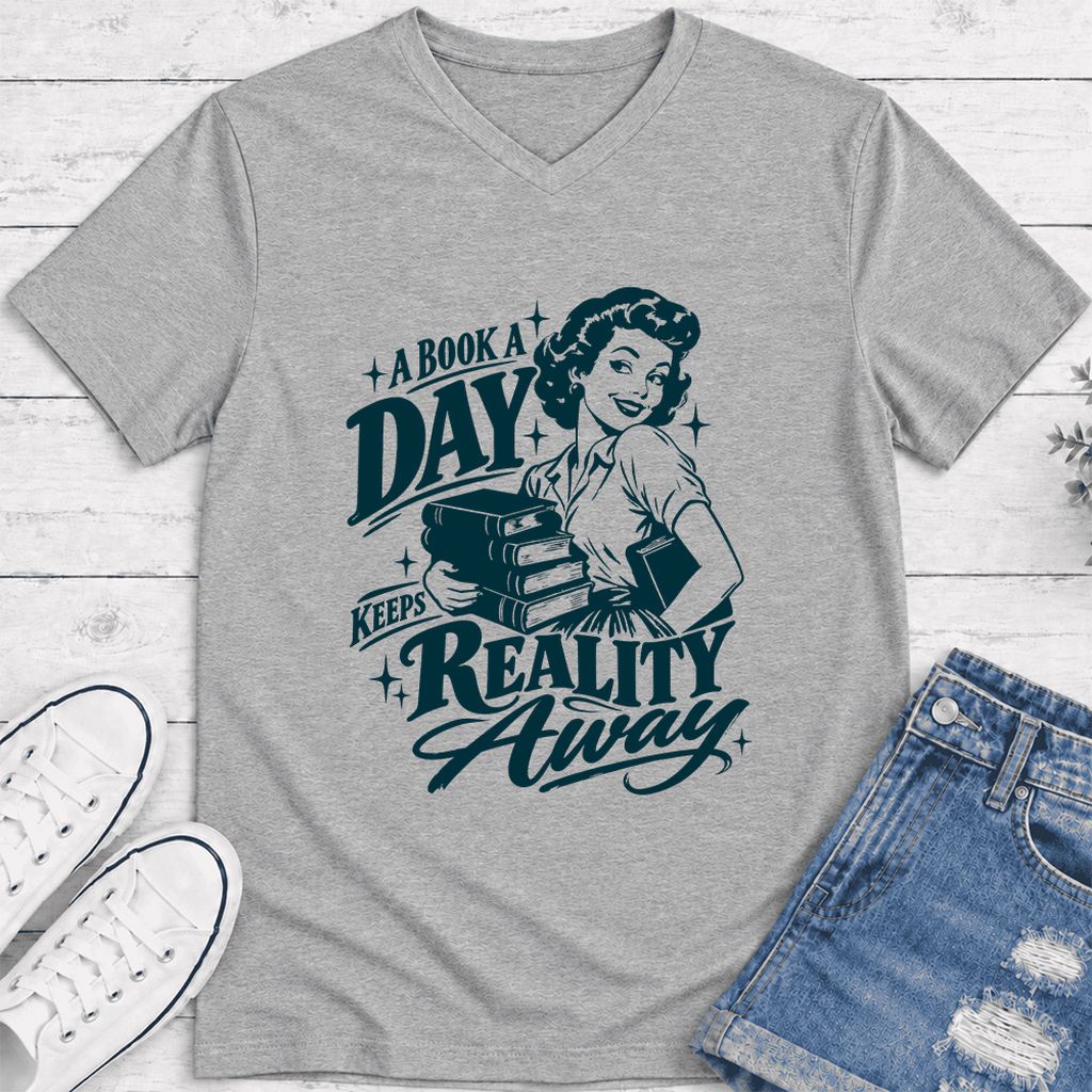 A Book A Day Keeps Reality Away Ultra-Soft V-Neck | Cozy Book Lover Gift Athletic Heather