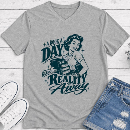 A Book A Day Keeps Reality Away Ultra-Soft V-Neck | Cozy Book Lover Gift Athletic Heather