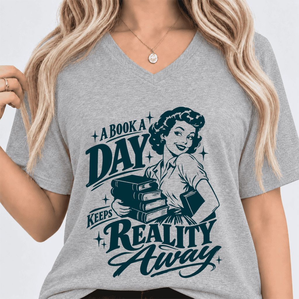 A Book A Day Keeps Reality Away Ultra-Soft V-Neck | Cozy Book Lover Gift Athletic Heather