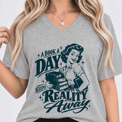 A Book A Day Keeps Reality Away Ultra-Soft V-Neck | Cozy Book Lover Gift Athletic Heather