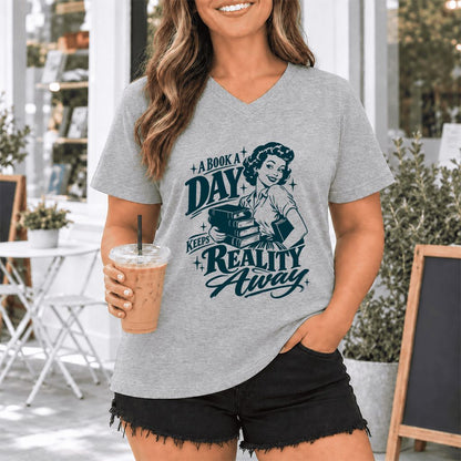 A Book A Day Keeps Reality Away Ultra-Soft V-Neck | Cozy Book Lover Gift Athletic Heather