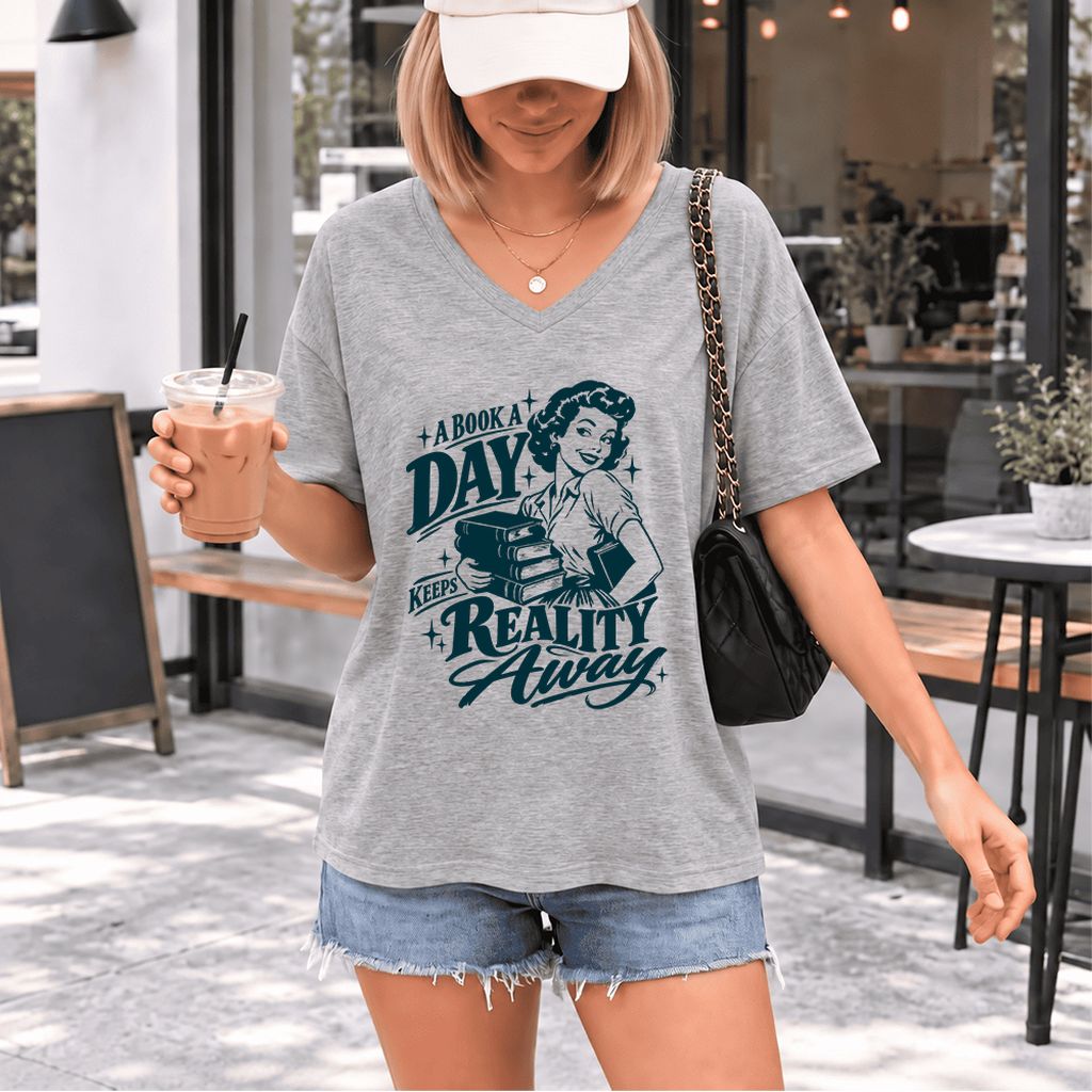 A Book A Day Keeps Reality Away Ultra-Soft V-Neck | Cozy Book Lover Gift Athletic Heather