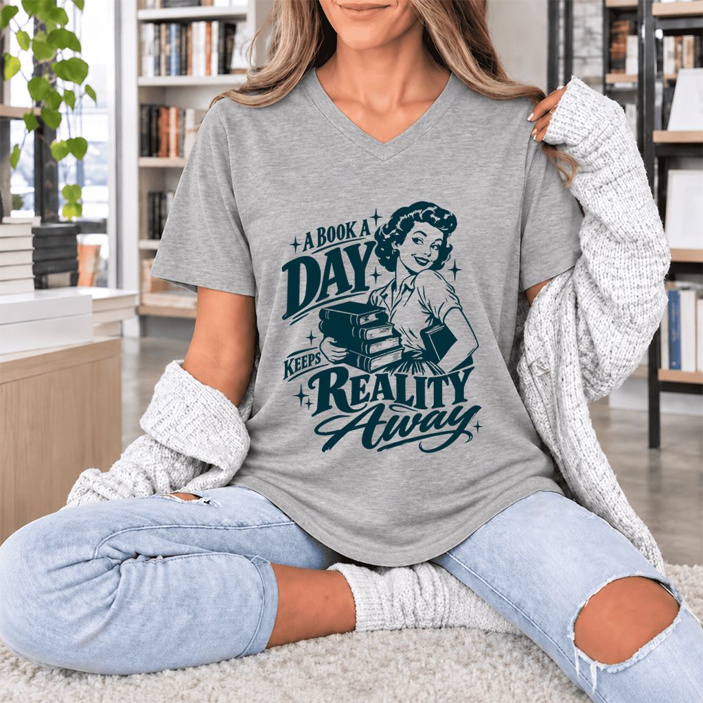 A Book A Day Keeps Reality Away Ultra-Soft V-Neck | Cozy Book Lover Gift Athletic Heather