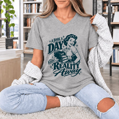 A Book A Day Keeps Reality Away Ultra-Soft V-Neck | Cozy Book Lover Gift Athletic Heather