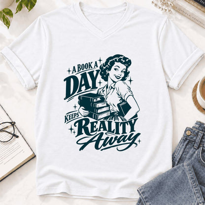 A Book A Day Keeps Reality Away Ultra-Soft V-Neck | Cozy Book Lover Gift White