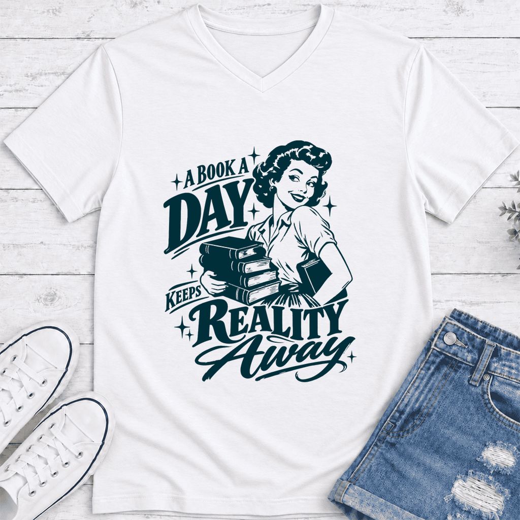 A Book A Day Keeps Reality Away Ultra-Soft V-Neck | Cozy Book Lover Gift White