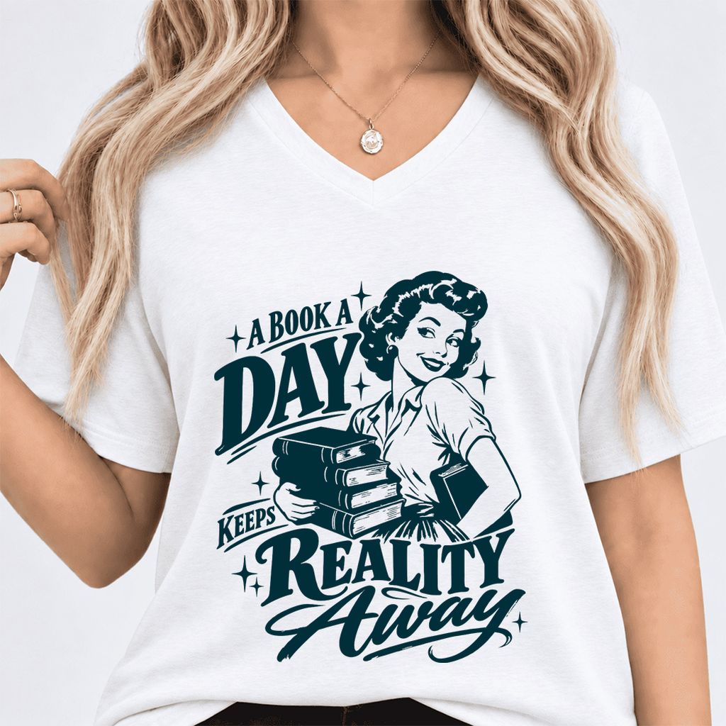 A Book A Day Keeps Reality Away Ultra-Soft V-Neck | Cozy Book Lover Gift White