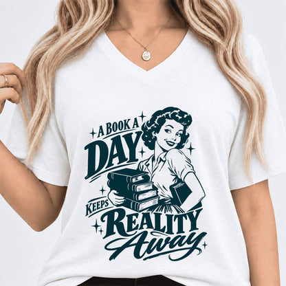 A Book A Day Keeps Reality Away Ultra-Soft V-Neck | Cozy Book Lover Gift White