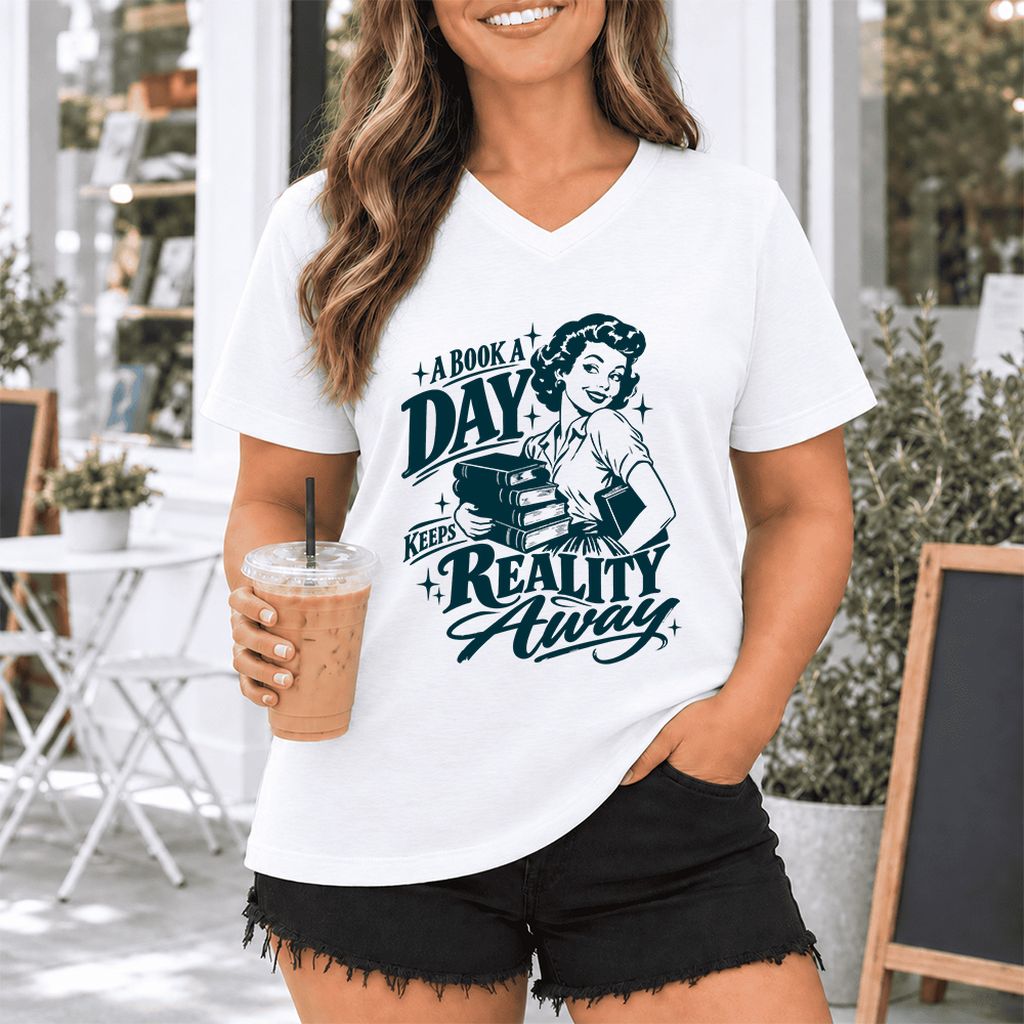 A Book A Day Keeps Reality Away Ultra-Soft V-Neck | Cozy Book Lover Gift White