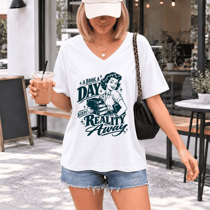 A Book A Day Keeps Reality Away Ultra-Soft V-Neck | Cozy Book Lover Gift White