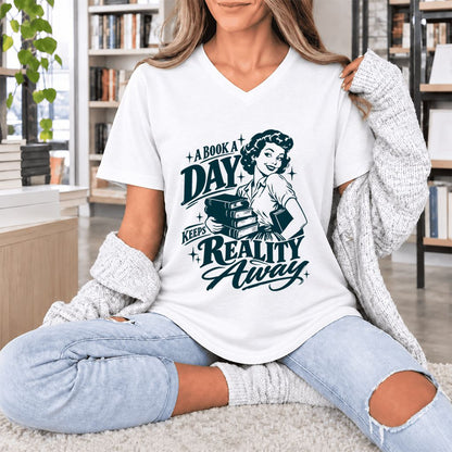 A Book A Day Keeps Reality Away Ultra-Soft V-Neck | Cozy Book Lover Gift White