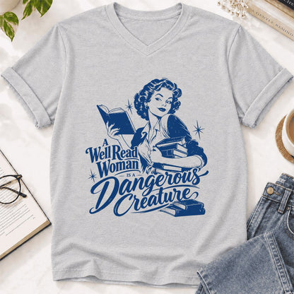 A Well Read Woman IS A Dangerous Creature Ultra-Soft V-Neck | Book Lover Gift Ash
