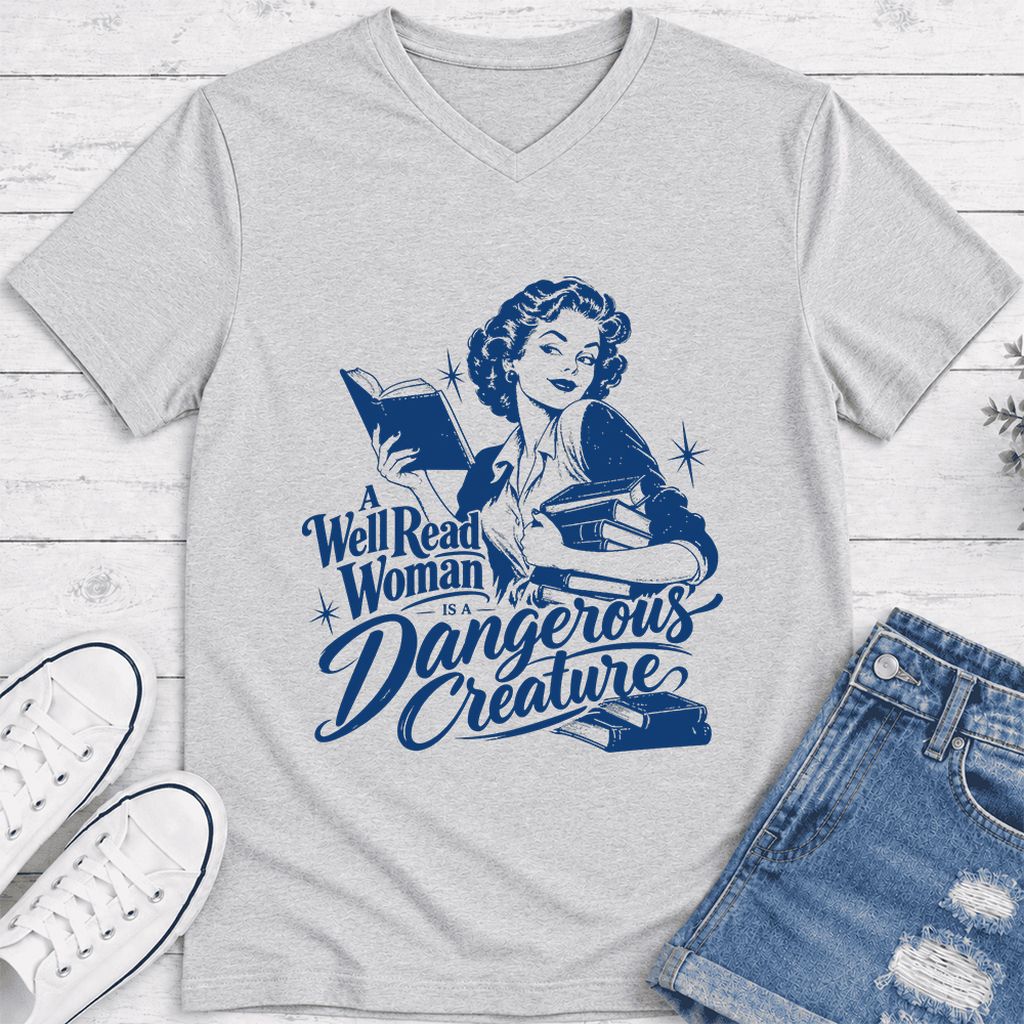 A Well Read Woman IS A Dangerous Creature Ultra-Soft V-Neck | Book Lover Gift Ash