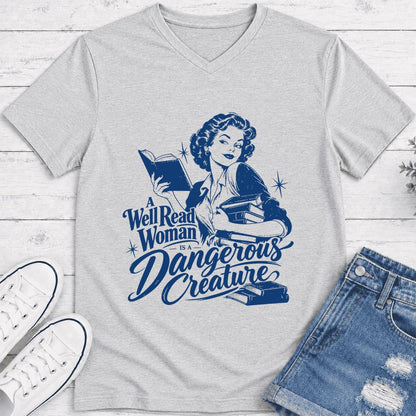 A Well Read Woman IS A Dangerous Creature Ultra-Soft V-Neck | Book Lover Gift Ash