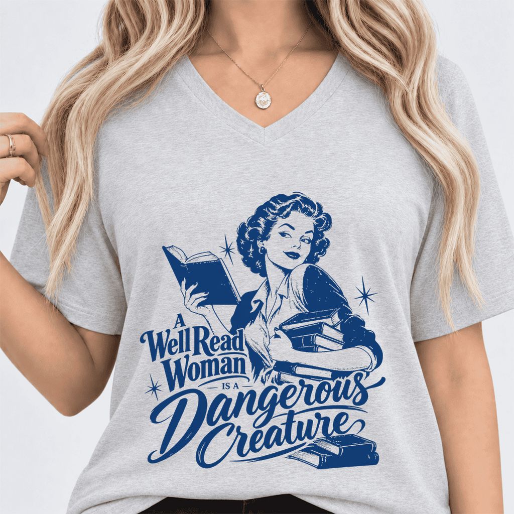 A Well Read Woman IS A Dangerous Creature Ultra-Soft V-Neck | Book Lover Gift Ash