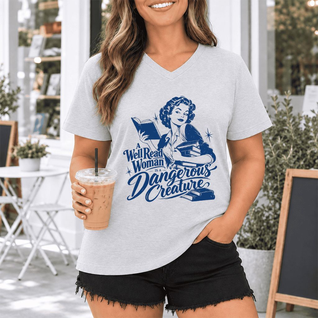 A Well Read Woman IS A Dangerous Creature Ultra-Soft V-Neck | Book Lover Gift Ash