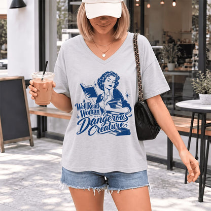 A Well Read Woman IS A Dangerous Creature Ultra-Soft V-Neck | Book Lover Gift Ash