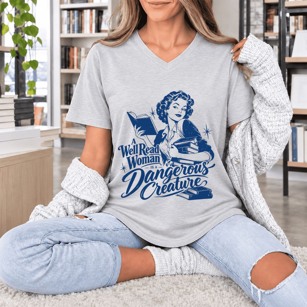 A Well Read Woman IS A Dangerous Creature Ultra-Soft V-Neck | Book Lover Gift Ash