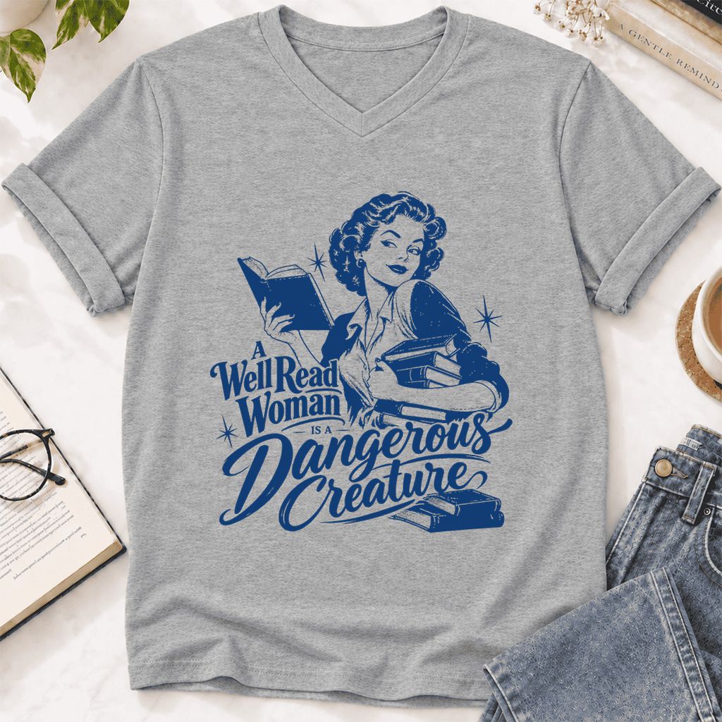 A Well Read Woman IS A Dangerous Creature Ultra-Soft V-Neck | Book Lover Gift Athletic Heather