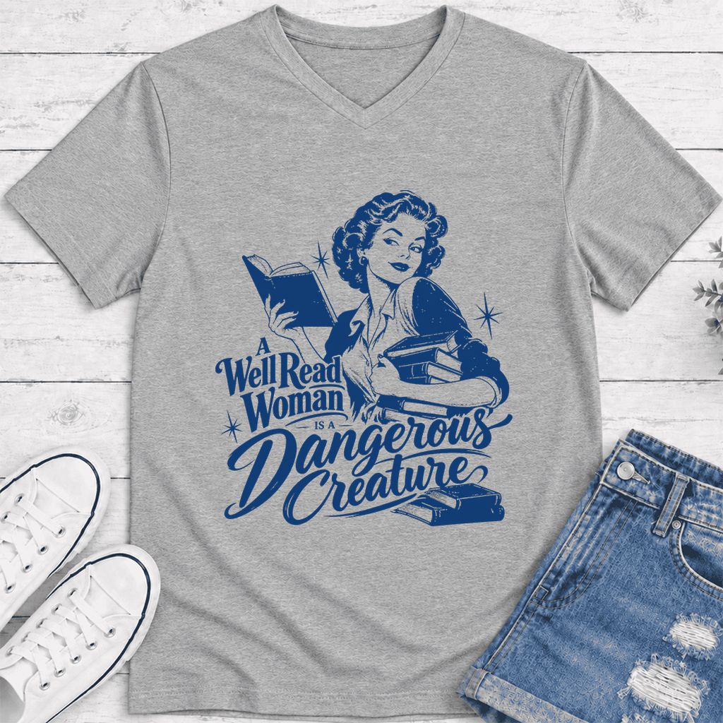 A Well Read Woman IS A Dangerous Creature Ultra-Soft V-Neck | Book Lover Gift Athletic Heather