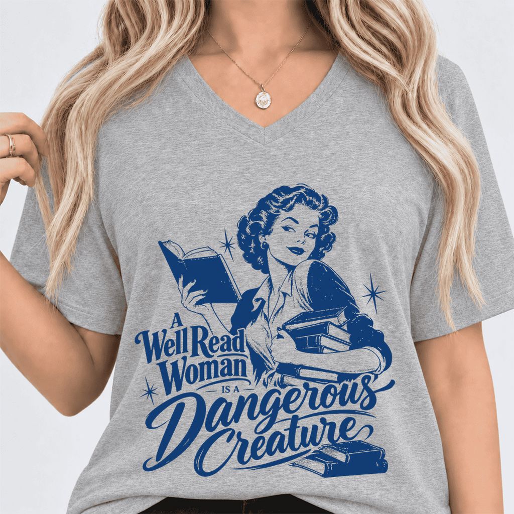 A Well Read Woman IS A Dangerous Creature Ultra-Soft V-Neck | Book Lover Gift Athletic Heather