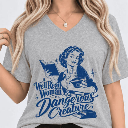 A Well Read Woman IS A Dangerous Creature Ultra-Soft V-Neck | Book Lover Gift Athletic Heather