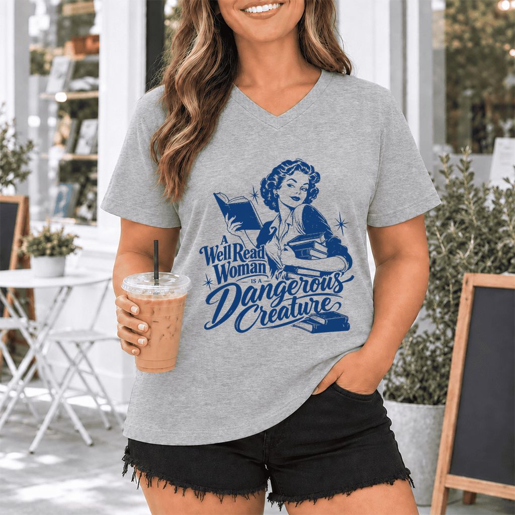A Well Read Woman IS A Dangerous Creature Ultra-Soft V-Neck | Book Lover Gift Athletic Heather