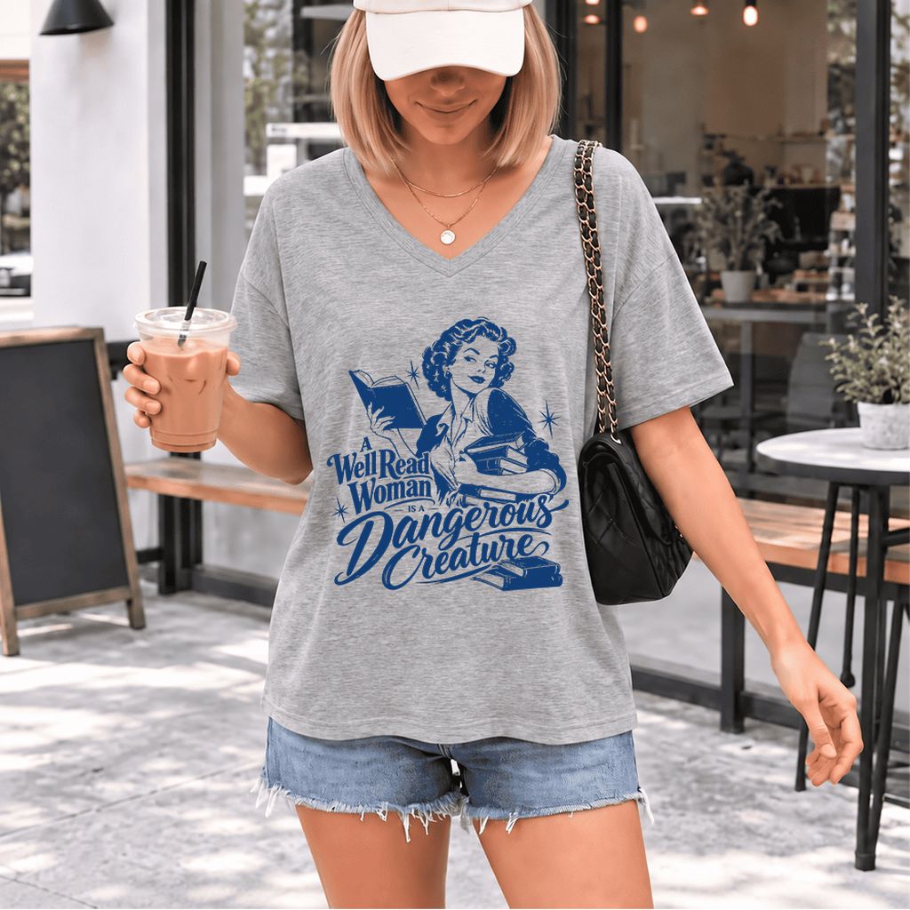 A Well Read Woman IS A Dangerous Creature Ultra-Soft V-Neck | Book Lover Gift Athletic Heather