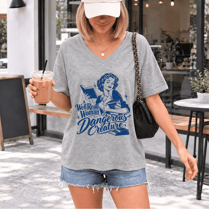 A Well Read Woman IS A Dangerous Creature Ultra-Soft V-Neck | Book Lover Gift Athletic Heather