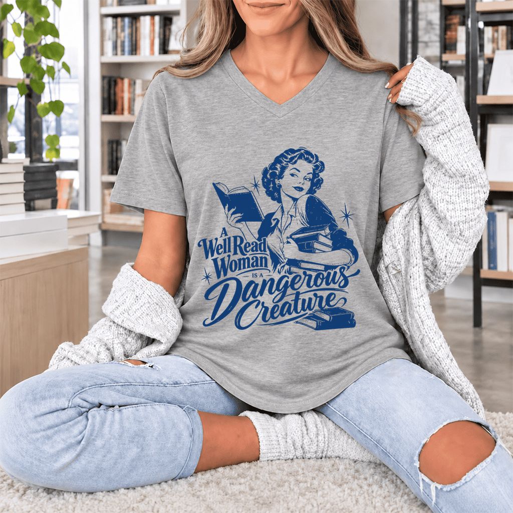 A Well Read Woman IS A Dangerous Creature Ultra-Soft V-Neck | Book Lover Gift Athletic Heather