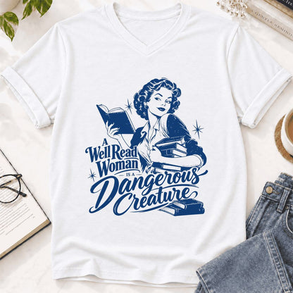 A Well Read Woman IS A Dangerous Creature Ultra-Soft V-Neck | Book Lover Gift White