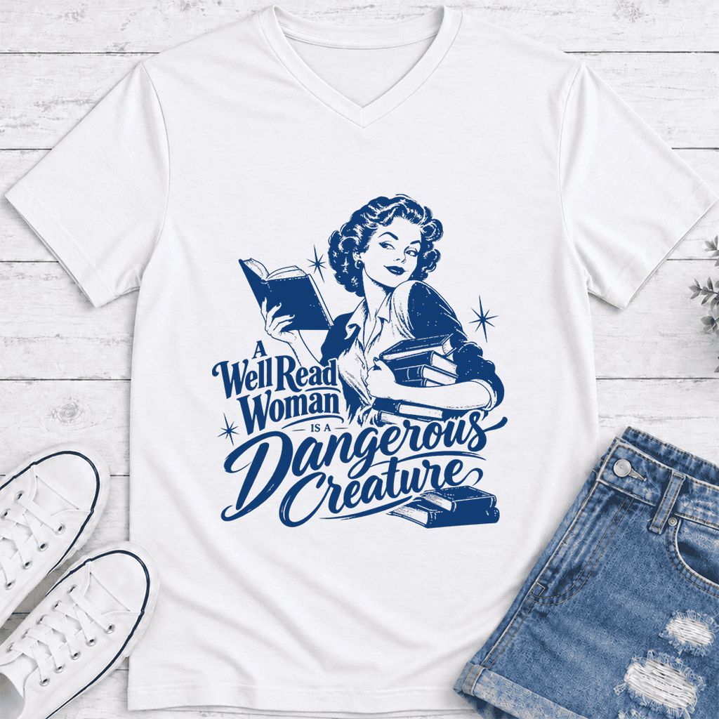 A Well Read Woman IS A Dangerous Creature Ultra-Soft V-Neck | Book Lover Gift White