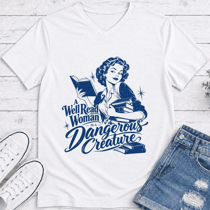 A Well Read Woman IS A Dangerous Creature Ultra-Soft V-Neck | Book Lover Gift White