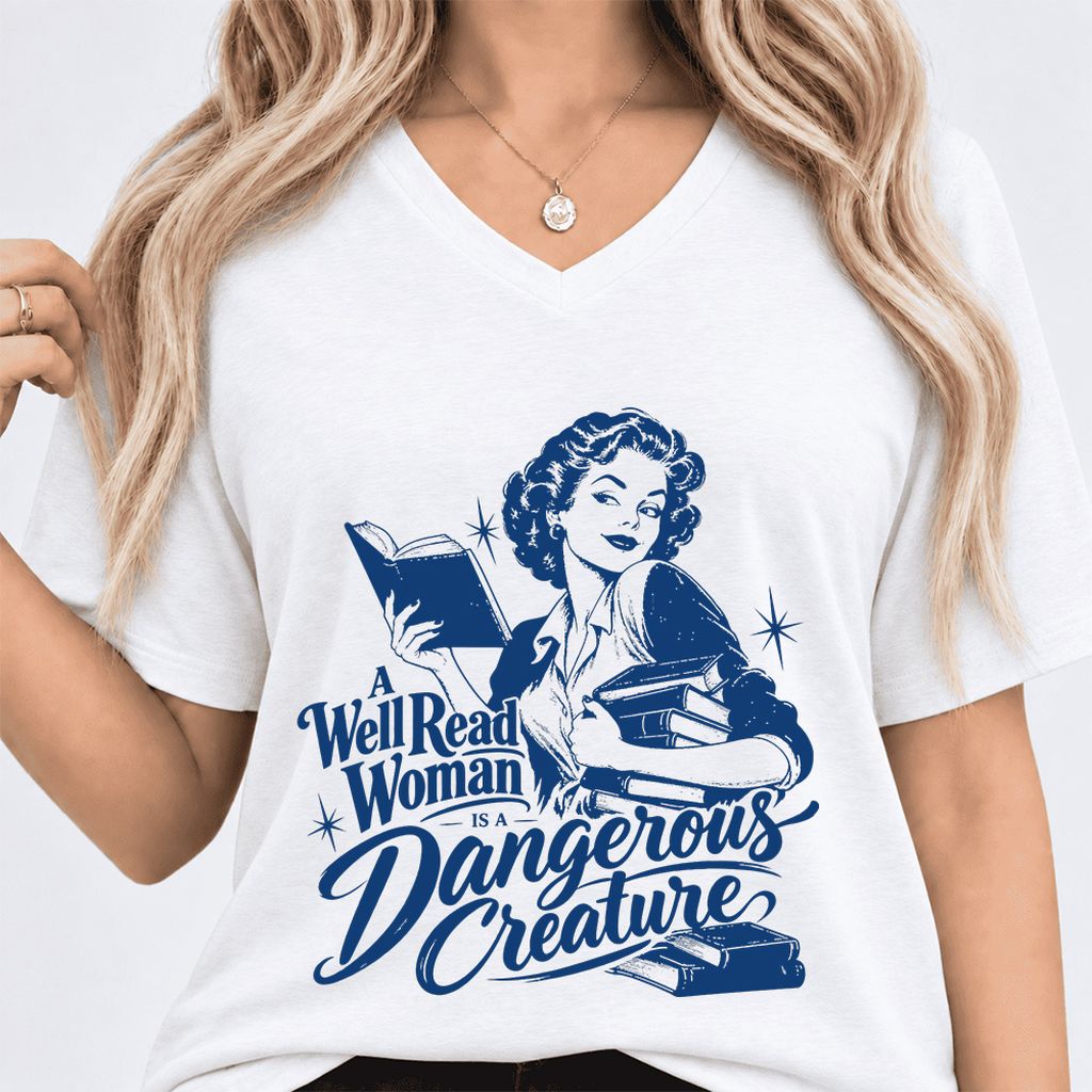 A Well Read Woman IS A Dangerous Creature Ultra-Soft V-Neck | Book Lover Gift White