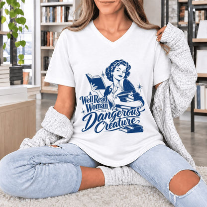 A Well Read Woman IS A Dangerous Creature Ultra-Soft V-Neck | Book Lover Gift White