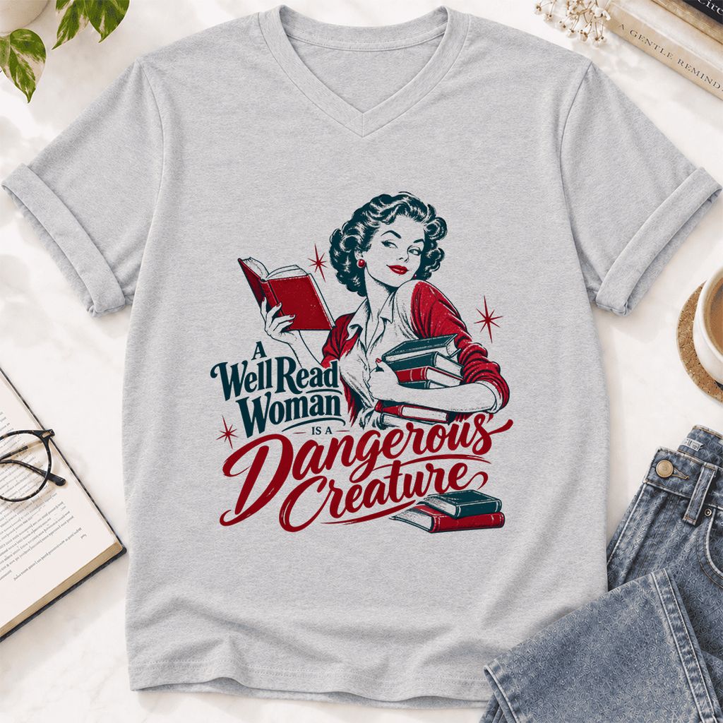 A Well Read Woman Is A Dangerous Creature Ultra-Soft V-Neck | Book Lover Gift Ash