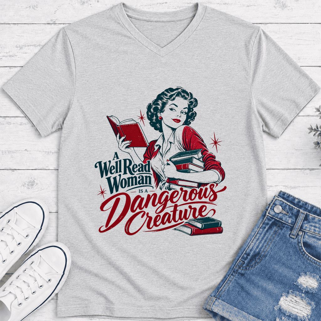 A Well Read Woman Is A Dangerous Creature Ultra-Soft V-Neck | Book Lover Gift Ash