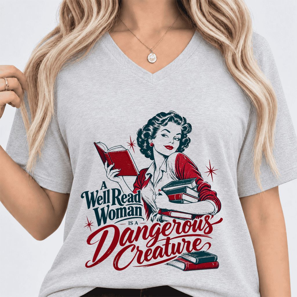 A Well Read Woman Is A Dangerous Creature Ultra-Soft V-Neck | Book Lover Gift Ash